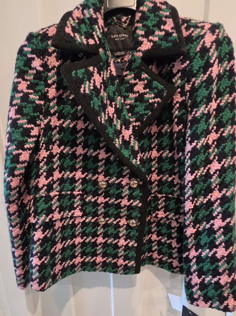 Kate Spade Houndstooth Wool Blend Peacoat Pink Green Double Breasted Jacket sz L